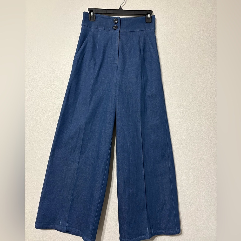 Meg Denim Blue Trousers/Palazzo Wide Leg, Ultra High Rise. Adj. Ankle, Pockets.